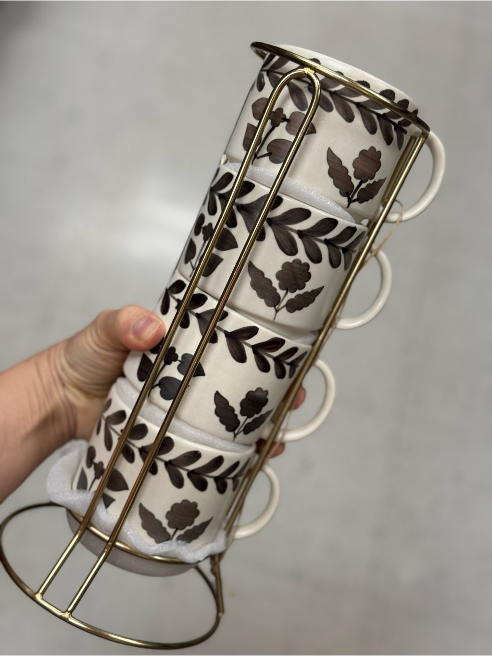 Stackable Floral Stoneware Mug Set with Metal Rack